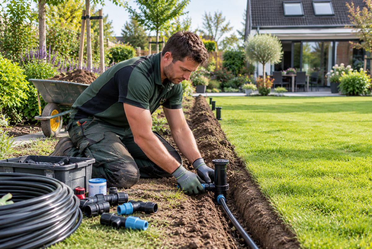 Hovenier installeert een automatisch beregeningssysteem met leidingen en sproeiers in een particuliere tuin
