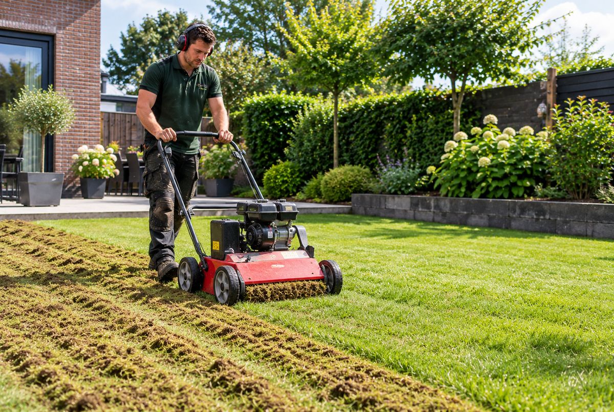 Hovenier verticuteert een gazon met een professionele verticuteermachine om mos en vilt uit het gras te verwijderen