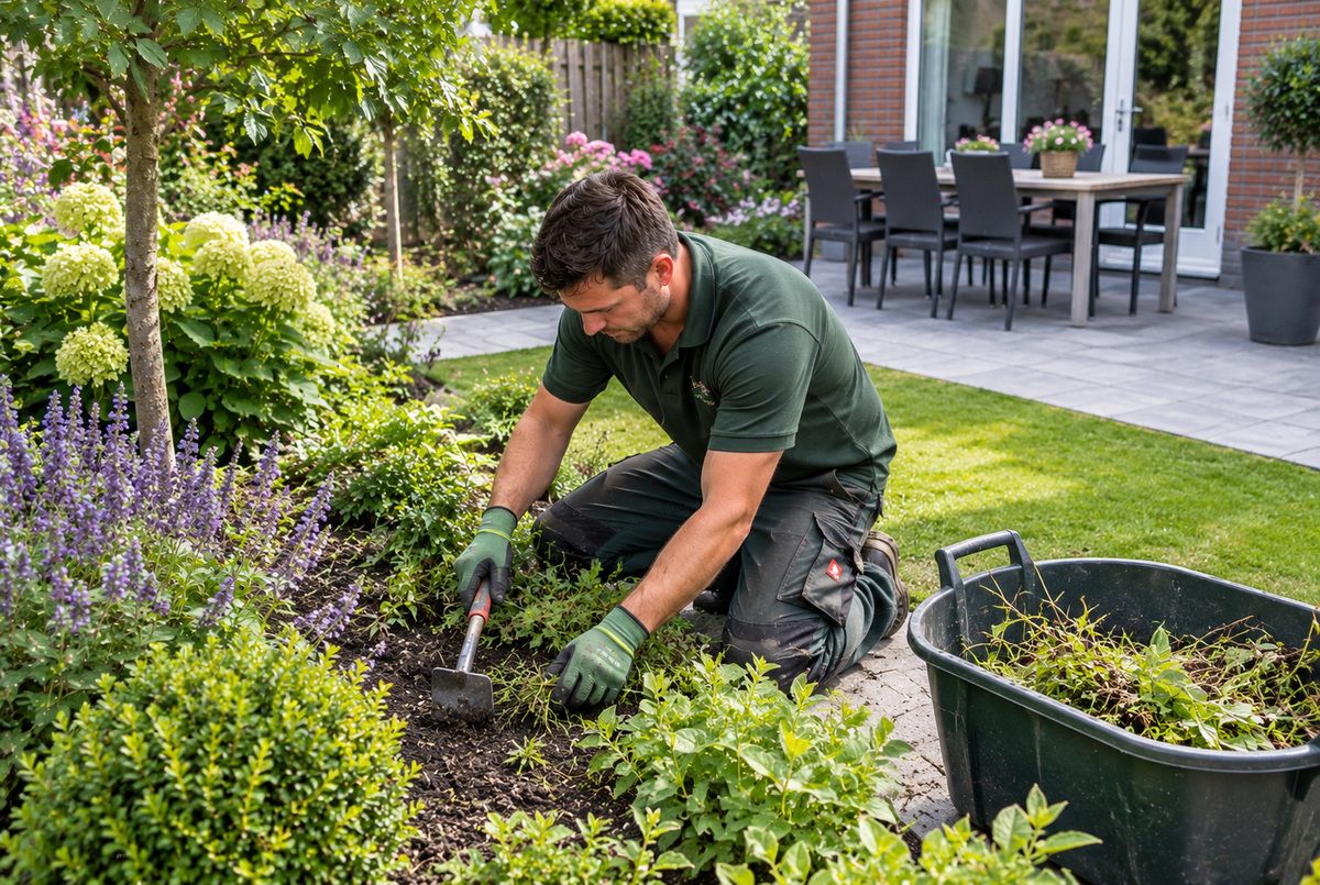 Hovenier verwijdert onkruid met een handschoffel uit een plantenborder tijdens het tuinonderhoud in een particuliere tuin