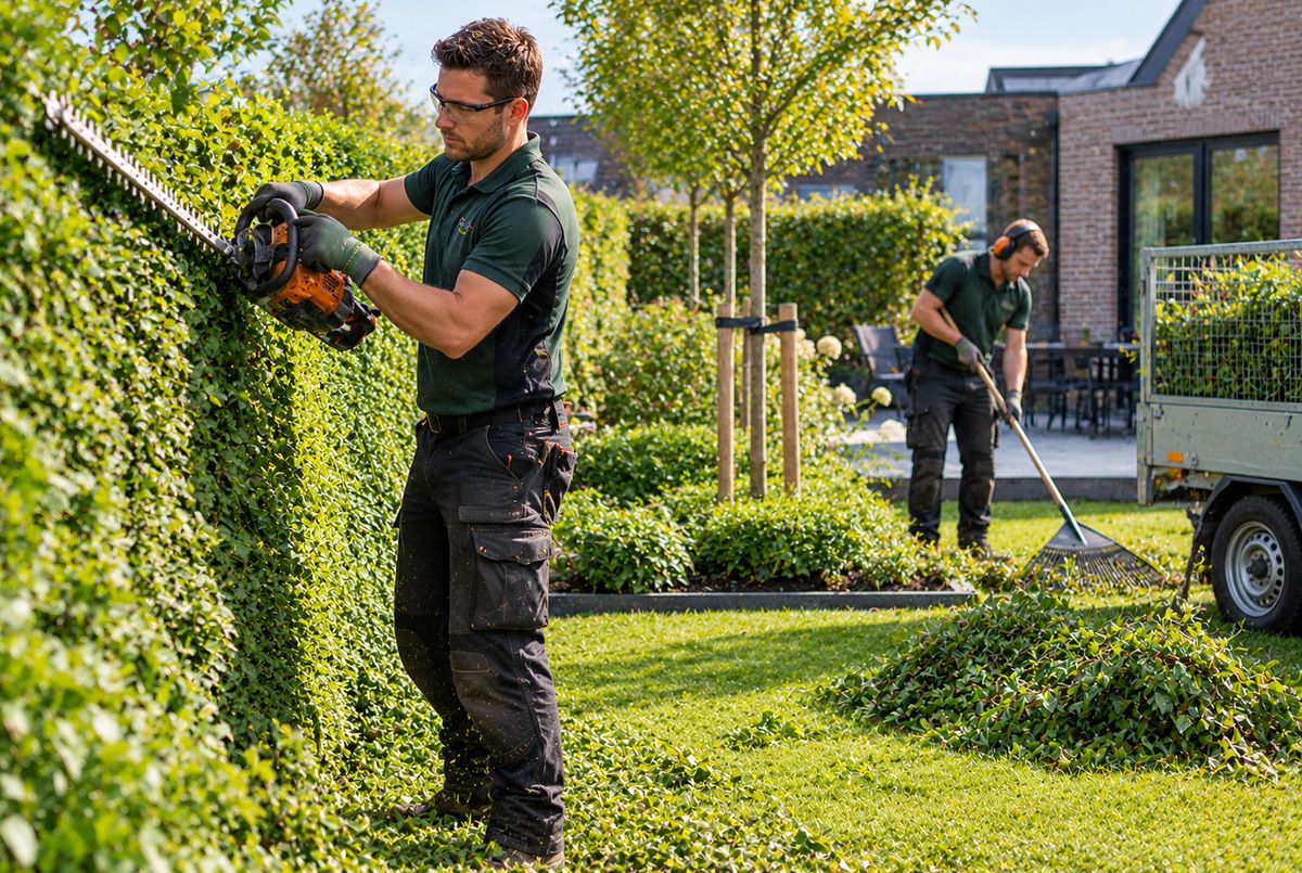 Nederlandse hovenier snoeit een hoge tuinheg met een professionele heggenschaar, terwijl een collega het snoeiafval verzamelt tijdens tuinonderhoud