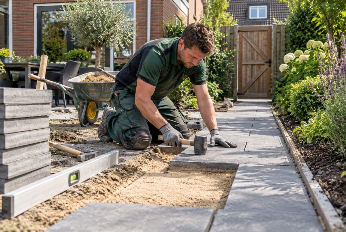 Hovenier legt een tuinpad aan met grote betonnen tegels en gebruikt een rubberen hamer om de bestrating nauwkeurig te plaatsen