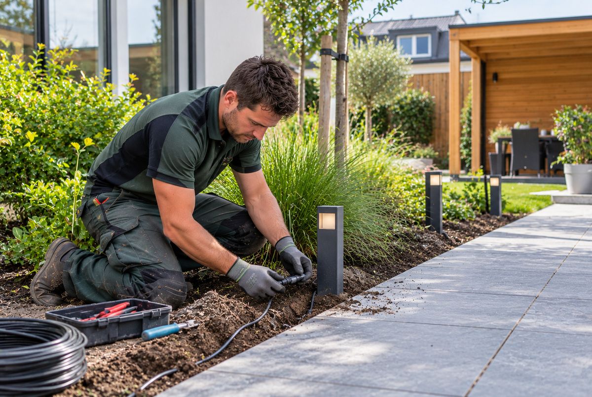 Hovenier installeert tuinverlichting langs een betegeld tuinpad en sluit een moderne tuinlamp aan op de bekabeling