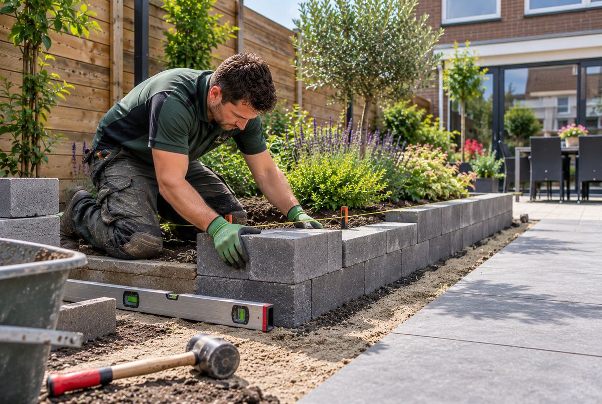 Hovenier plaatst betonnen stapelblokken voor een verhoogde plantenborder en controleert de uitlijning tijdens de tuinaanleg