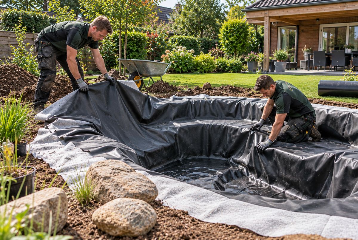 Twee hoveniers leggen een siervijver aan met beschermdoek en zwarte vijverfolie in een particuliere tuin