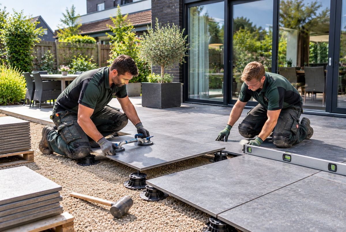 Twee hoveniers leggen grote keramische terrastegels op verstelbare tegeldragers en controleren de ligging met een waterpas