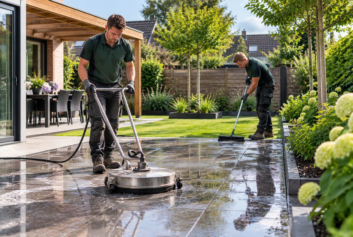 Twee Nederlandse hoveniers reinigen een betegeld terras met een professionele oppervlaktereiniger en een schrobborstel tijdens tuinonderhoud